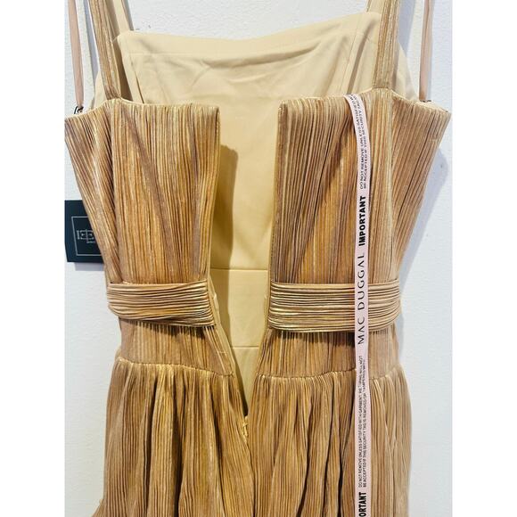 MAC DUGGAL Gold Metallic Plissé Square Neck Pleated Ruffle Belt Detail Dress 8 - Picture 14 of 16